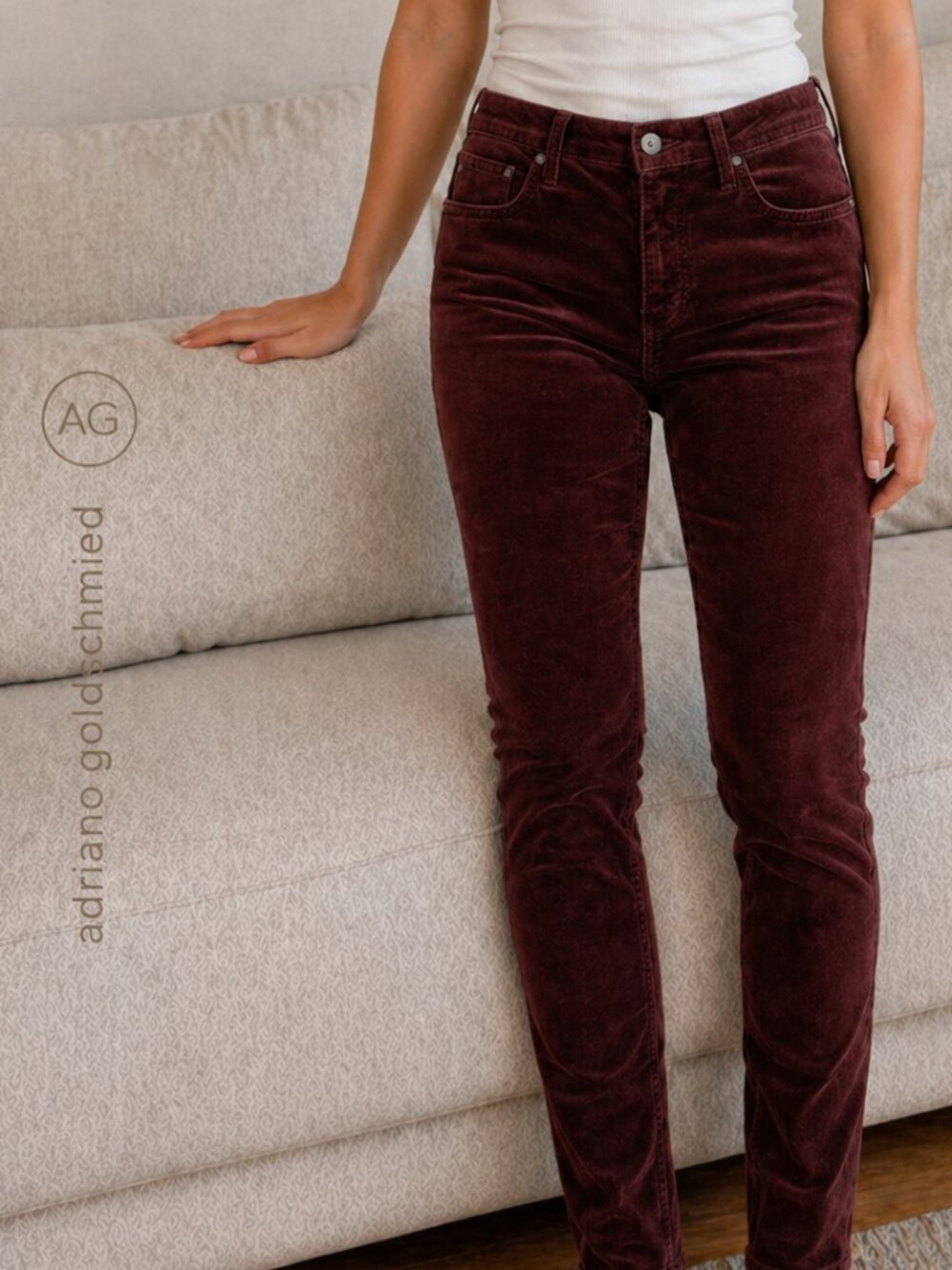 AG Adriano Goldschmied Burgundy Velvet Stevie Ankle Jeans 27R